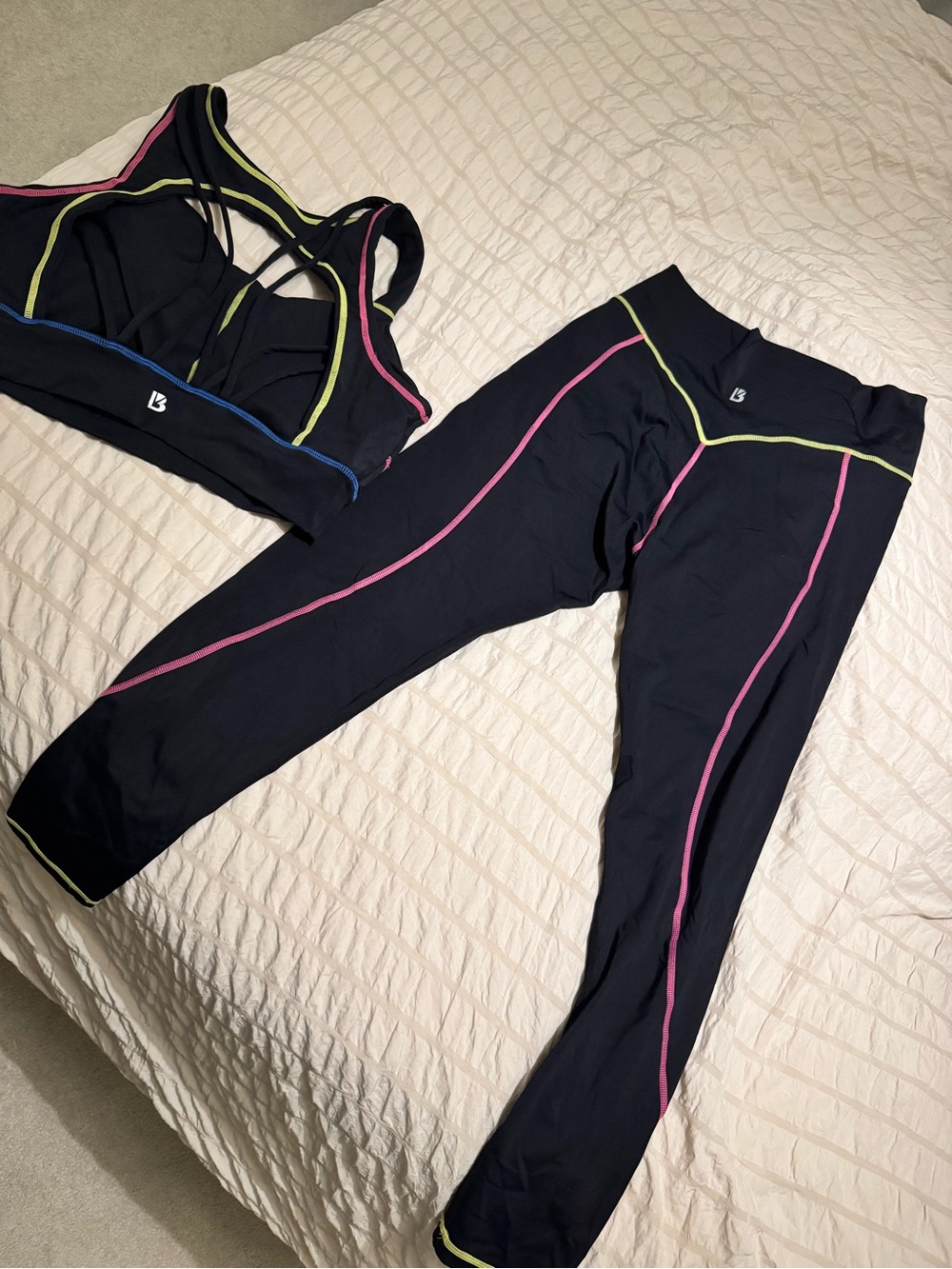 BuffBunny Black Sports Bra & Leggings Set with Pink, Lime & Blue Trim